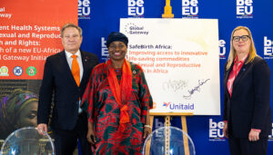 From left to right: Dr. Philippe Duneton, Executive Director of Unitaid; Dr. Natalia Kanem, Executive Director of UNFPA; and Ms. Jutta Urpilainen, European Commissioner for International Partnerships. © Belgian Presidency of the Council of the European Union / Vlad Vanderkelen